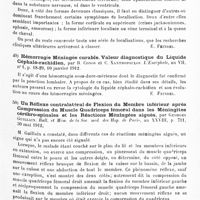 0033 - Page 29 - Analyses. Neurologie. Études spéciales. Méninges. Les hémorragies méningées, par Jean Aubert. Thèse de Paris, 1912... / Hémorragie méningée curable. Valeur diagnostique du liquide céphalo-rachidien, par B. Conos et C. Xanthopoulos. L'Encéphale... / Un réflexe contralatéral de flexion du membre inférieur après compression du muscle quadriceps fémoral dans les méningites cérébro-spinales et les réactions méningées aiguës, par Georges Guillain. Bull. et mém. de la Soc. méd. des hôp. de Paris...