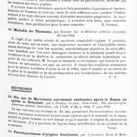 0045 - Page 41 - Analyses. Neurologie. Études spéciales. Dystrophies. Myopathies tardives à début périphérique, par Mlle E. Cottin et F. Naville... L'Encéphale... / Maladie de Thomsen, par Rouget. Soc. de médecine militaire française... / Névroses. Un cas de myoclonie survenant seulement après le repos ou après le sommeil, par L.-Pierce Clarck... The Journal of the American medical Association... / Paramyoclonus d'origine ourlienne, par Lafforgue. Revue de médecine...