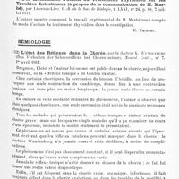 0079 - Page 75 - Analyses. Neurologie. Études générales. Physiologie. Influence du corps thyroïde sur la physiologie de l'intestin, par S. Marbé. C.-R de la Soc. de biologie... / Des mécanismes d'action du traitement thyroïdien sur les troubles intestinaux (à propos de la communication de M. Marbé), par Léopold-Lévi. C.-R de la Soc. de biologie... / Sémiologie. L'état des réflexes dans la chorée, par le Docteur K. Wendenburg (Das Verhalten der Schnenreflexe bei Chorea minor). Neurol. Centr... / Nouveau réflexe plantaire, par les Docteurs Leo Jacobson et Alfred Caro. (Ueber einen neuen, von der Planta pedis auslösbaren Reflex). Neurol. Centr...