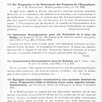 0082 - Page 78 - Analyses. Neurologie. Études spéciales. Cerveau. Hydrocéphalie ventriculaire par tumeur cérébrale, par J. Comby. Arch. de méd. des enfants... / Du diagnostic et du traitement des tumeurs de l'hypophyse, par A.-M. Wirchoubsky. Médecin pratique (russe)... / Opération décompressive pour les fractures de la base du crâne, par Robert-L. Payne. The Journal of the American medical Association... / Craniectomie décompressive chez les enfants, par J. Comby. Arch. de méd. des enfants... / Épilepsie traumatique consécutive à une ancienne fracture du crâne. Trépanation large et ablation d'une vaste esquille osseuse. Amélioration, par Soubeyran. Société des chirurgiens de Paris...