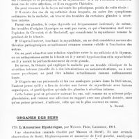 0088 - Page 84 - Analyses. Neurologie. Études spéciales. Protubérance et bulbe. Contribution à la connaissance des modifications de la sphère psychique dans la myasthénie, par W. Zaitchick. Moniteur neurologique (russe)... / Sur la myasthénie et ses relations avec les glandes à sécrétion interne, par le Docteur E. Tobias... (Ueber myasthenische Paralyse und ihre Beziehungen zu den Drüsen mit innerer Sekretion). Neurol. Centr... / Organes des sens. L'amaurose hystérique, par Masson. Thèse, Lausanne, 1911