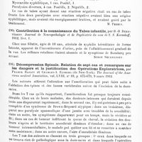 0093 - Page 89 - Analyses. Neurologie. Études spéciales. Moelle. Réaction de Dungern-Noguchi dans le tabes, etc., in résultats pratiques d'un procédé simplifié de la méthode de Wassermann, par G. Étienne. Soc. de médecine de Nancy... Revue médicale de l'Est... / Contribution à la connaissance du tabes infantile, par B.-B. Dekhtéreff. Journal de neuropathologie et de psychiatrie du nom de S. S. Korsakoff... / Décompression spinale. Relation de sept cas et remarques sur les dangers et la justification des opérations exploratrices, par Pearce Bailey et Charles-A. Elsberg... The Journal of the American medical Association...