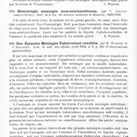 0096 - Page 92 - Analyses. Neurologie. Études spéciales. Méninges. Gommes tuberculeuses hypodermiques multiples chez un nourrisson, méningite aiguë terminale à méningocoques et à Bacilles de Kock, par R. Dupérié. Arch. de méd. des enfants... / Névralgie sciatique consécutive à une méningite cérébro-spinale avec méningocoques, par Alexandresco-Dersca. Bull. de la Soc. des sciences médicales de Bucarest... / Hémorragie méningée sous-arachnoïdienne, par C. Alexandresco-Dersca. Bull. de la Soc. des sciences médicales de Bucarest... / Des épisodes méningés tuberculeux curables, par H. Barbier et J. Gougelet. Arch. de méd. des enfants... / Méningite et réactions méningées dans l'urémie, par P. Petit. Thèse de Paris... 1912...