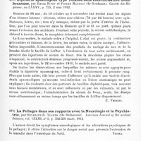 0103 - Page 99 - Analyses. Neurologie. Études spéciales. Infections et intoxications. A propos d'un cas de tétanos de rose, par Caussade et Jacquot. Revue médicale de l'Est... / Diphtérie spasmogène type tétanos sans extériorisation membraneuse, par Émile Bitot et Pierre Mauriac... Gazette des hôpitaux... / La pellagre dans ses rapports avec la neurologie et la psychiatrie, par Beverley-R. Tucker... American Journal of the medical Sciences... / Hyperchromie généralisée avec achromie associée. Lèpre blanche et mélanique à type « pie », par Jean Anglada... Nouvelle iconographie de la Salpêtrière...