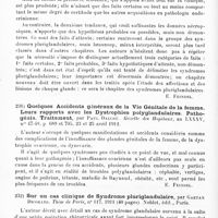 0108 - Page 104 - Analyses. Neurologie. Études spéciales. Glandes à sécrétion interne. Syndromes pluriglandulaires, délimitation des syndromes d'insuffisance et d'hyperfonctionnement pluriglandulaires, par Henri Claude et H. Gougerot. Gazette des hôpitaux... / Quelques accidents généraux de la vie génitale de la femme. Leurs rapports avec les dystrophies polyglandulaires. Pathogénie. Traitement, par Paul Dalché. Gazette des hôpitaux... / Sur un cas clinique de syndrome pluriglandulaire, par Gaetan Dicorato. Thèse de Paris... 1911...