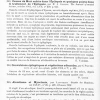 0112 - Page 108 - Analyses. Neurologie. Études spéciales. Névroses. Contribution à la connaissance de l'épilepsie de Kojenikoff, par M.-B. Krol. Journal de neuropathologie et de psychiatrie de S. S. Korsakoff... / Causes de mort subite dans l'épilepsie et quelques points dans le traitement de l'épilepsie, par M. A. Collins. The Journal of mental Science... / Convulsions épileptiques et végétations adénoïdes, par G. Piquero. Arch. de méd. des enfants... / Alcoolisme et myoclonie, par Lafforgue. Gazette des hôpitaux...