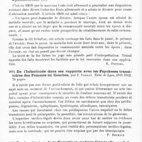 0116 - Page 112 - Analyses. Psychiatrie. Études générales. Médecine légale. La psychiatrie médico-légale dans l'oeuvre de Zacchias (1584-1659), par Charles Vallon et Georges Genil-Perrin. Revue de psychiatrie... / Divorce pour cause d'aliénation mentale d'après la jurisprudence allemande (article 1569 du nouveau code civil), par M. Trénel. Société médico-psychologique... Annales médico-psychologiques... / De l'infanticide dans ses rapports avec les psychoses transitoires des femmes en couches, par J. Sarrat. Thèse de Lyon, 1911-1912... / Sur le critérium de la nocivité en matière criminelle, par P. Zosin... Annuaire général de l'Université de Jassy...