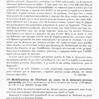 0196 - Page 192 - Analyses. Psychiatrie. Études spéciales. Psychoses constitutionnelles. Les difficultés du diagnostic différentiel entre la démence précoce et la psychose périodique, par A. Barbé. L'Encéphale... / Modifications de l'écriture au cours de la démence précoce paranoïde, par Paul Archambault et Paul Guiraud... L'Encéphale...