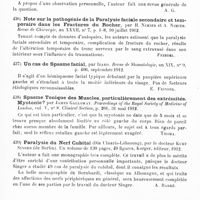 0224 - Page 220 - Analyses. Neurologie. Études spéciales. Nerfs périphériques. Kératite neuroparalytique après ablation du ganglion de Gasser, par Walter Baer Weidler... Medical Record... / Névralgie cervico-faciale chez un diabétique, par Mme Elkès-Birguère. Thèse de Montpellier..., 1911-1912... / Note sur la pathogénie de la paralysie faciale secondaire et temporaire dans les fractures du Rocher, par H. Nimier et A. Nimier. Revue de chirurgie... / Un cas de spasme facial, par Izard. Revue de stomatologie... / Spasme tonique des muscles, particulièrement des extrémités. Myotonie ? par James Galloway. Proceedings of the Royal Society of Medicine of London... Clinical Section... / Paralysie du nerf cubital (Die Ulnaris-Lähmung), par le Docteur Kurt Singer..., Karger, éditeur, 1912 / Glandes à sécrétion interne. Goitre exophtalmique, par Augustus-A. Eshner... Medical Record...