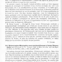 0314 - Page 310 - Analyses. Neurologie. Études spéciales. Méninges. Syndrome clinique et cytologique de méningite au cours d'une hémorragie cérébrale, par Henri Rendu et Charles Flandin. Bull. et mém. de la Soc. méd. des hôp. de Paris... / Hémorragies méningées sous-arachnoïdiennes à forme démentielle, par Chauffart et Cl. Vincent. Bull. et mém. de la Soc. méd. des hôpit. de Paris...