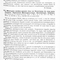 0315 - Page 311 - Analyses. Neurologie. Études spéciales. Méninges. Hémorragies méningées sous-arachnoïdiennes à forme démentielle, par Chauffart et Cl. Vincent. Bull. et mém. de la Soc. méd. des hôpit. de Paris... / Méningite cérébro-spinale chez un nourrisson de cinq mois. Purpura. Septicémie méningococcique. Sérothérapie. Guérison, par Triboulet, R. Debré et Paraf. Bull. et mém. de la Soc. méd. des hôp. de Paris...