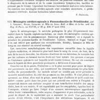 0380 - Page 376 - Analyses. Neurologie. Études spéciales. Méninges. Méningite à pneumobacille de Friedländer, par Chalier et Dufourt. Soc. méd. des hôp. de Lyon... Lyon médical... / Méningite cérébro-spinale à pneumobacille de Friedländer, par A. Siredey, Henri Lemaire et Mlle de Jong. Bull. et mém. de la Soc. méd. des hôp. de Paris...