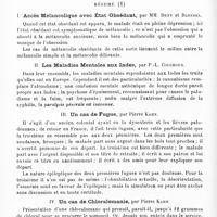 0580 - Page 576 - Société de psychiatrie de Paris. Séance du 20 mars 1913. I. Accès mélancolique avec état obsédant, par MM. Deny et Blondel / II. Les maladies mentales aux Indes, par P.-L. Couchoud / III. Un cas de fugue, par Pierre Kahn / IV. Un cas de chloralomanie, par Pierre Kahn / V. Suggestibilité motrice et attitudes cataleptiques chez un débile, par Dupré et Logre