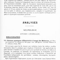 0595 - Page 591 - Mémoires originaux. II. Myopathie primitive progressive chez deux frères avec autopsie, par P. Haushalter... (Etude anatomo-pathologique, par M. Lucien...) / Analyses. Neurologie. Études générales. Bibliographie. Notions pratiques d'électricité à l'usage des médecins, par Marcel Lermoyez..., Masson et Compagnie, éditeurs, Paris, 1913