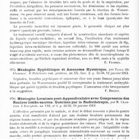 0612 - Page 608 - Analyses. Neurologie. Études spéciales. Méninges. Contribution à l'étude de la méningite aiguë syphilitique, par Boris Bronstein. Thèse de Paris..., 1912... / Méningite syphilitique et amaurose hystérique, par Zalla... Il Policlinico... / Méningite localisée post-appendiculaire avec compression des racines lombo-sacrées. Guérison par la radiothérapie, par M. Chartier. L'Encéphale...