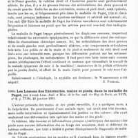 0623 - Page 619 - Analyses. Neurologie. Études spéciales. Dystrophies. Maladie osseuse de Paget avec lésion des os de la main et du pied, par P. Ménétrier et Legrain. Bull. et mém. de la Soc. méd. des hôp. de Paris... / Les lésions des extrémités, mains et pieds, dans la maladie de Paget, par André Léri. Bull. et mém. de la Soc. méd. des hôp. de Paris...