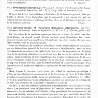 0633 - Page 629 - Analyses. Psychiatrie. Études spéciales. Psychoses constitutionnelles. La fonction circulatoire chez les déments précoces. Rapports entre le développement de l'appareil cardio-vasculaire et la capacité fonctionnelle du coeur, par L. Lugiato et C.-B. Lavizzari. Rivista sperimentale di Freniatria... / Prédémence précoce, par William-R. Dunton. The Journal of the American medical Association... / Asthéno-manie et psychose maniaque dépressive, par Paul Courbon... Revue de psychiatrie...
