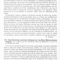 0634 - Page 630 - Analyses. Psychiatrie. Études spéciales. Psychoses constitutionnelles. Asthéno-manie et psychose maniaque dépressive, par Paul Courbon... Revue de psychiatrie... / Considérations anatomo-cliniques sur les états mélancoliques simples, par L. Marchand... Revue de psychiatrie...
