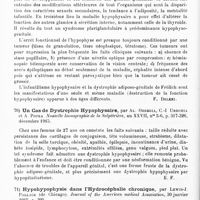 0038 - Page 38 - Analyses. Neurologie. Études spéciales. Glandes à sécrétion interne. Sur les dystrophies hypophysaires, par L.-N. Valobra. Rivista sperimentale di Freniatria... / Un cas de dystrophie hypophysaire, par Al. Obregia, C.-I. Urechia et A. Popea. Nouvelle iconographie de la Salpêtrière... / Hypohypophysie dans l'hydrocéphalie chronique, par Lewis-J. Pollack... Journal of the American medical Association...