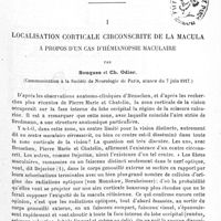 0045 - Page 45 - Mémoires originaux. I. Localisation corticale circonscrite de la macula à propos d'un cas d'hémianopsie maculaire, par Souques et Ch. Odier (Communication à la Société de neurologie de Paris, séance du 7 juin 1917)