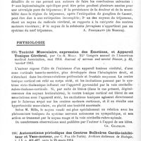 0080 - Page 80 - Analyses. Neurologie. Études générales. Anatomie. Connexions corticales du noyau rouge, par La Salle-Archambault, XLe Congrès annuel de l'American neurological Association, mai 1914. Journal of nervous and mental Disease... / Contribution à l'étude de l'anatomie et de la physiologie du nerf trijumeau, par A. Grinstein et E. Gourwitch. Journal de neuropathologie et de psychiatrie de S.-S. Korsakoff (russe)... / Physiologie. Tonicité musculaire, expression des émotions, et appareil tonique cérébral, par Ch.-K. Mills. XLe Congrès annuel de l'American medical Association, mai 1914. Journal of nervous and mental Disease... / Automatisme périodique des centres bulbaires cardio-inhibiteur et vaso-moteur, par C. Foa... Archives italiennes de biologie...