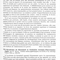 0129 - Page 129 - Analyses. Psychiatrie. Études spéciales. Psychoses toxi-infectieuses. Un cas de psychose de Korsakoff avec étiologie particulière, par S.-A. Soukhanoff... Assemblée scientifique des médecins de l'Hôpital de Notre-Dame-des-Affligés pour les aliénés et de l'asile Novosnamenskaïa à Pétrograd... / Syndrome de Korsakoff et confusion mentale post-traumatique, par R. Benon. Annales médico-psychologiques...