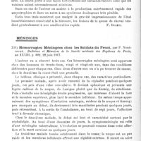 0190 - Page 190 - Analyses. Neurologie de guerre. Moelle allongée, moelle épinière et rachis. Lésions de la queue de cheval par projectiles de guerre, par Giovanni Mingazzini. Il Policlinico (sezione medica)... / Méninges. Hémorragies méningées chez les soldats du front, par P. Nobécourt. Bulletins et mémoires de la Société médicale des hôpitaux de Paris...