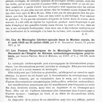 0193 - Page 193 - Analyses. Neurologie de guerre. Méninges. Les méningites cérébro-spinales épidémiques observées dans le service des contagieux de F..., en 1915-1916, par P. Nobécourt et Peyre. Bulletins et mémoires de la Société médicale des hôpitaux de Paris... / Les formes purpuriques de la méningite cérébro-spinale. Nécessité de l'emploi de sérums antiméningococciques polyvalents, par Arnold Netter. Revue de médecine...