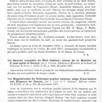 0210 - Page 210 - Analyses. Neurologie de guerre. Chirurgie des nerfs. Plastique tendineuse contre les paralysies traumatiques du nerf radial, par Ludovico Isnardi. Il Policlinico (sezione pratica)... / Section partielle du nerf médian, par Ricoux et Pellanda. Réunion médico-chirurgicale de la VIIIe Armée... / Section complète du nerf cubital ; retour de la motilité au 5e jour après la suture, par J. Tanton. Bulletins et mémoires de la Société de chirurgie de Paris... / Régénération du sciatique poplité externe, siège d'une lésion par blessure de guerre, par C. Ceni et V. Desogus. Riforma medica...