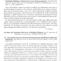 0218 - Page 218 - Analyses. Neurologie de guerre. Contractures, troubles trophiques et réflexes. Sur quelques cas de contractures consécutives à des traumatismes, par Leonardo Bianchi. Annali di Nevrologia... / Contribution à l'étude, au cours de la narcose, des contractures d'origine réflexe consécutives aux traumatismes, par Manlio-E. Ferrari. Rivista italiana di Neuropatologia, Psichiatria ed Elettroterapia... / Les griffes dans les lésions traumatiques des nerfs du membre supérieur, par Henri Claude et René Dumas. Presse médicale...