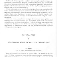 0032 - Page 32 - Mémoires originaux. Neurologie. IV. Paraplégie par métastase d'une tumeur de la rate, par Mlle E. Cottin... et M. C. Saloz... / Psychiatrie. V. Négativisme mnésique chez un catatonique, par A. Barbé...