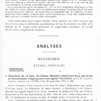 0037 - Page 37 - Mémoires originaux. Psychiatrie. V. Négativisme mnésique chez un catatonique, par A. Barbé... / Analyses. Neurologie. Études spéciales. Cerveau. Fracture de la base du crâne. Histoire ultérieure d'un cas et de sa terminaison vingt-quatre ans après l'accident, par J.-B. Christopherson. Lancet...