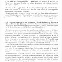 0044 - Page 44 - Analyses. Neurologie. Études spéciales. Moelle. Note sur les périodes du tabes basée sur l'étude de 240 cas, par Maurice Grossmann... Medical Record... / Un cas de syringomyélie. Opération, par Edward-D. Fischer... Journal of the American medical Association... / Syndrome particulier et non encore décrit de lésions des nerfs de la queue de cheval, par Foster Kennedy et Charles Elsberg, avec description des lésions anatomiques par Charles-I. Lambert. American Journal of the Medical Sciences...