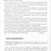 0050 - Page 50 - Analyses. Neurologie. Études spéciales. Méninges. Apparition de pneumocoques dans le liquide céphalo-rachidien des méningites à méningocoques. Observations nouvelles. Utilité des injections préventives de sérum antipneumococcique associées aux injections de sérum antiméningococcique, par Arnold Netter et Marius Salanier. Bulletins et mémoires de la Société médicale des hôpitaux de Paris... / Nerfs périphériques. Névrite du crural, par Ch. Metcalfe Byrnes. Journal of nervous and mental Diseases...