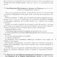 0063 - Page 63 - Société de neurologie de Paris. Séance du 10 janvier 1918. Communications et présentations. VI. Hypothermie de la main gauche chez un sujet blessé dix semaines auparavant à la région supéro-interne du bras, par M. Gorodiche / VII. Des réactions électriques au décours du tétanos, par M. R. Gauducheau. (Communication résumée) / VIII. Note sur un cas d'hémianopsie gauche homonyme consécutive à une blessure de la région mastoïdienne droite, par MM. Pfeiffer et Poisson...