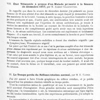 0183 - Page 183 - Société de neurologie de Paris. Séance du 7 mars 1918. Communications et présentations. VII. Note sur la dégénérescence acidophile de cellules de Purkinje et sa fréquence, par MM. le Professeur Pierre Marie et Trétiakof / VIII. État tétanoïde à propos d'un malade présenté à la séane de décembre 1917, par M. Albert Charpentier / IX. Le temps perdu du réflexe rotulien normal, par M. E. Castex