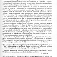 0411 - Page 411 - Analyses. Neurologie de guerre. Paralysies, contractures, troubles trophiques et réflexes. Un cas de myopathie hypertrophique du membre supérieur avec hypertrophie parallèle du squelette, par Henri Claude et J. Lhermitte. Paris médical... / Atrophie musculaire périscapulaire, pseudo-myopathique, chez un tuberculeux au premier degré, par Chartier. Bulletin de la Société médico-chirurgicale de la 14e Région... / Contribution à l'étude des troubles des phanères au cours des syndromes de lésion ou d'irritation nerveuse, par Maurice Villaret. Réunion médico-chirurgicale de la 16e Région..., in Montpellier médical...