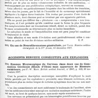 0413 - Page 413 - Analyses. Neurologie de guerre. Paralysies, contractures, troubles trophiques et réflexes. La lombarthrie (Rhumatisme lombaire chronique), par André Léri. Presse médicale... / Accidents nerveux consécutifs aux explosions. Examen microscopique du cerveau dans deux cas de commotion cérébrale (Shock d'obus) sans apparence de blessure extérieure, par F.-W. Mott. British medical Journal...