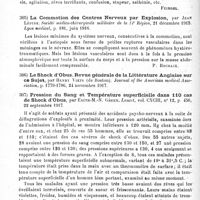 0414 - Page 414 - Analyses. Neurologie de guerre. Accidents nerveux consécutifs aux explosions. Examen microscopique du cerveau dans deux cas de commotion cérébrale (Shock d'obus) sans apparence de blessure extérieure, par F.-W. Mott. British medical Journal... / La commotion des centres nerveux par explosion, par Jean Lépine. Société médico-chirurgicale militaire de la 14e Région... Lyon médical... / Pression du sang et température superficielle dans 110 cas de shock d'obus, par Edith-M.-N. Green. Lancet...