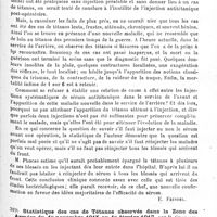 0419 - Page 419 - Analyses. Neurologie de guerre. Tétanos. A propos du tétanos tardif, par Phocas. Bulletins et mémoires de la Société de chirurgie... / Statistique des cas de tétanos observés dans la zone des armées du 1er novembre 1915 au 1er février 1917, par P. Chavasse. Bulletins et mémoires de la Société de chirurgie...