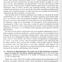 0424 - Page 424 - Analyses. Neurologie de guerre. Tétanos. Essai, chez l'homme, de vaccination active contre le tétanos, par H. Vallée et Louis Bazy. Bulletins et mémoires de la Société de chirurgie de Paris... / Tétanos et sérothérapie. Un échec de la sérothérapie antitétanique au point de vue de sa valeur préventive, par G. Chavannaz... Bulletins et mémoires de la Société de chirurgie de Paris...