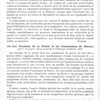 0428 - Page 428 - Analyses. Neurologie de guerre. Névroses. Un cas de bégaiement paroxystique d'origine émotionnelle. Traitement. Guérison, par Marcel Briand et Jean Philippe. Progrès médical... / Les troubles de la parole et les commotions de guerre, par G. Liébault. Revue générale de pathologie de guerre...