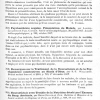 0435 - Page 435 - Analyses. Neurologie de guerre. Névroses. Syndrome psychasthénique consécutif aux émotions de guerre, par Laignel-Lavastine et Paul Courbon. Société médico-psychologique... Annales médico-psychologiques... / Psychasthénie acquise. Présentation du malade, par Laignel-Lavastine et Paul Courbon. Société médico-psychologique... Annales médico-psychologiques... / Remarques sur le traitement de la neurasthénie et de la psychasthénie consécutive au shock d'obus, par R.-T. Williamson. British medical Journal... / Neurasthénie avec trouble de la nutrition décelé par l'examen du sang. Azotémie, par Henri Dufour et Zivy. Bulletins et mémoires de la Société médicale des hôpitaux de Paris...