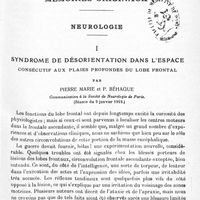 0005 - Page 3 - Mémoires originaux. Neurologie. I. Syndrome de désorientation dans l'espace consécutif aux plaies profondes du lobe frontal, par Pierre Marie et P. Béhague. Communication à la Société de neurologie de Paris. (Séance du 9 janvier 1919)