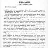 0067 - Page 61 - Analyses. Neurologie. Études générales. Bibliographie. Les lésions de la zone rolandique (Zone motrice et zone sensitive) par blessures de guerre, par Mme Athanassio-Bénisty. Thèse de Paris..., 1918