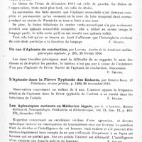 0077 - Page 71 - Analyses. Neurologie. Études spéciales. Cerveau. Sur la coparticipation des deux hémisphères cérébraux à la fonction du langage, par F. Ugolotti. Rivista di Patologia nervosa e mentale... / Un cas d'aphasie de conduction, par Lafora. Anales de la Academia medico-quirurgica espanola... / L'aphasie dans la fièvre typhoïde des enfants, par Enrico Iraci. Il Policlinico, sezione pratica... / Les aphasiques moteurs en médecine légale, par G. d'Abundo, Rivista italiana di Neuropatologia, Psichiatria ed Elettroterapia... / Contribution à l'étude clinique de la palilalie, par Dina Kagane. Thèse de Paris..., 1917