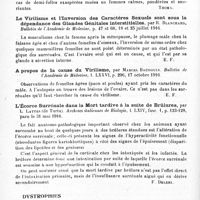 0090 - Page 84 - Analyses. Neurologie. Études spéciales. Glandes à sécrétion interne. Un syndrome glandulaire nouveau, par Siegfried Block. Medical Record... / Le virilisme et l'inversion des caractères sexuels sont sous la dépendance des glandes génitales interstitielles, par R. Blanchard. Bulletin de l'Académie de médecine... / A propos de la cause du virilisme, par Marcel Baudouin. Bulletin de l'Académie de médecine... / L'écorce surrénale dans la mort tardive à la suite de brûlures, par L. Lattes... Archives italiennes de biologie... / Dystrophies. Dysostose cléido-crânienne familiale, par Frederick Langmead. Proceedings of the Royal Society of Medicine... Section for the Study of Disease in Children...