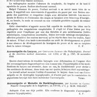 0092 - Page 86 - Analyses. Neurologie. Études spéciales. Dystrophies. Ectrodactylie du pouce avec intégrité du radius, par Salva Mercadé. Presse médicale... / Acromégalie du larynx, par Chevalier Jackson... Journal of the American medical Association... / Acromégalie et maladie de Recklinghausen, par Aloysio de Castro. Nouvelle iconographie de la Salpêtrière... / Cas de dermatolyse et de molluscum fibrosum avec maladie congénitale du coeur et cyphose, par J.-H. Sequeria. Proceedings of the Royal Society of Medicine of London... Dermatological Section...
