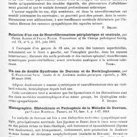 0093 - Page 87 - Analyses. Neurologie. Études spéciales. Dystrophies. Syndrome addisonien dans une forme incomplète de maladie de Recklinghausen, par Carlo Vignolo-Lutati... Riforma medica... / Relation d'un cas de neurofibromatose périphérique et centrale, par Peter Bassoe et Frank Nuzum. Transactions of the Chicago pathological Society... / Un cas de double syndrome de Dercum et de Recklinghausen, par E.-Fernandez Sanz. Anales de la Academia medico-quirurgica espanola... / Histographie, histochimie et pathogénie de la maladie de Dercum, par Carlo Martelli. Tumori... / Relation d'un cas d'adipose douloureuse, par Ch.-M. Nice... Medical Record...