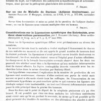 0094 - Page 88 - Analyses. Neurologie. Études spéciales. Dystrophies. Relation d'un cas d'adipose douloureuse, par Ch.-M. Nice... Medical Record... / Recherches chimiques sur un cas d'adipose douloureuse (Maladie de Dercum), par Federico Alzona. Il Policlinico, sezione medica... / Sur un cas de maladie de Dercum (Adipose douloureuse), par Arturo Balliano. Il Morgagni, Archivio... / Considérations sur la lipomatose symétrique des extrémités, avec deux observations personnelles, par I. Badareu... Revue médico-chirurgicale de Jassy...